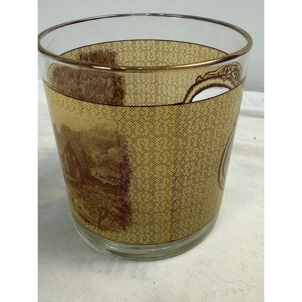 Vintage Currier and Ives Spring Rocks Glass Sepia Farm Scene Gold Rim Tumbler